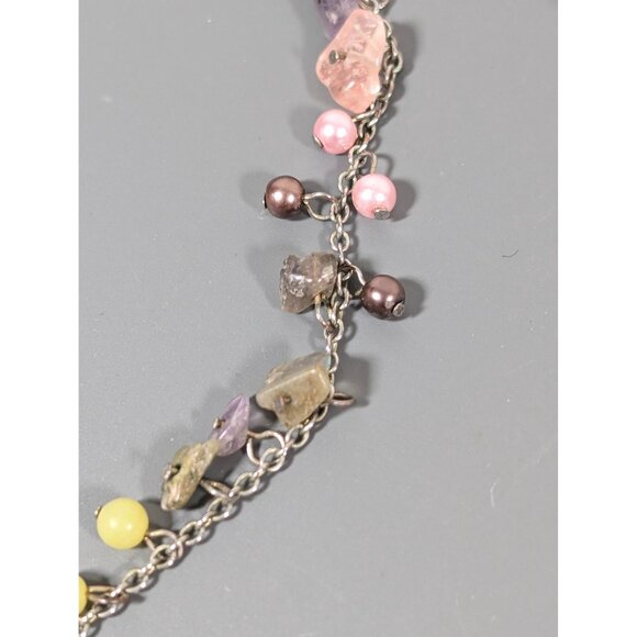 Boho Stone And Faux Pearl Charm Cluster Dainty Necklace Silver Tone 19" - Picture 8 of 9